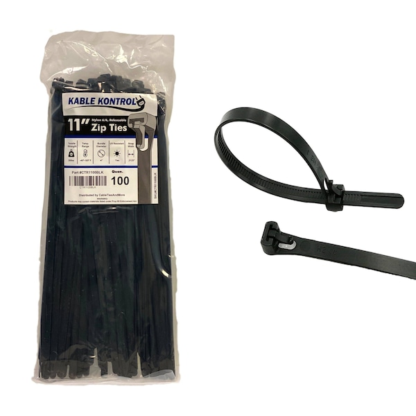 Kable Kontrol Kable Kontrol® Releasable Reusable Zip Ties - 11" Long - 50 Lbs Tensile Strength - 100 pack - UV Black - CTR1100BLK