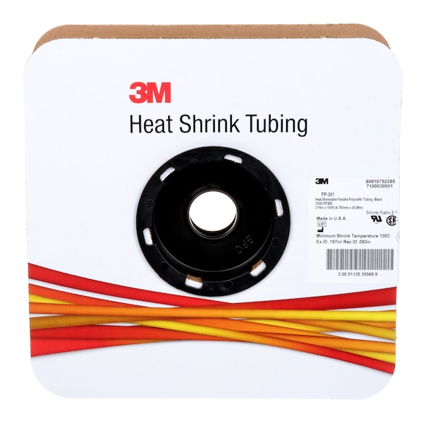 3M Shrink Tubing, 0.187in ID, Black, 100ft - FP301-3/16-100'-BLACK-SPOOL