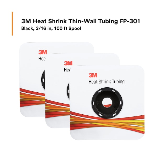 3M Shrink Tubing, 0.187in ID, Black, 100ft - FP301-3/16-100'-BLACK-SPOOL