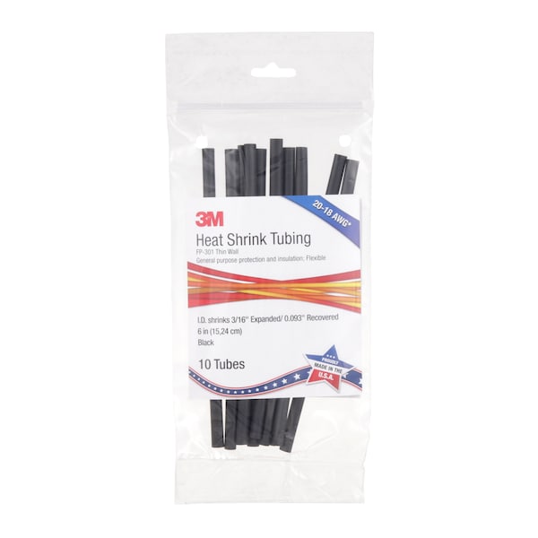3M Shrink Tubing, 0.187 In ID, Bl, 6 In, PK10 - FP301-3/16-6"-BLACK-10-10 PC PKS