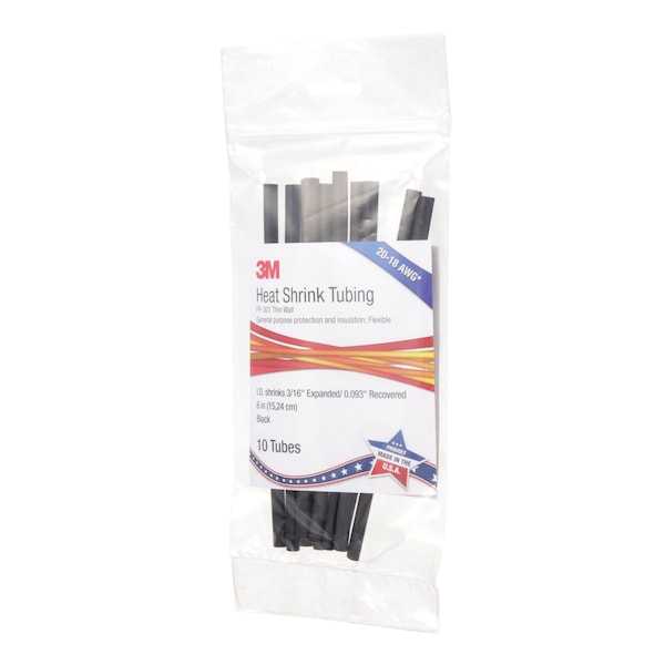 3M Shrink Tubing, 0.187 In ID, Bl, 6 In, PK10 - FP301-3/16-6"-BLACK-10-10 PC PKS