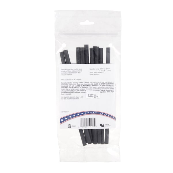 3M Shrink Tubing, 0.187 In ID, Bl, 6 In, PK10 - FP301-3/16-6"-BLACK-10-10 PC PKS