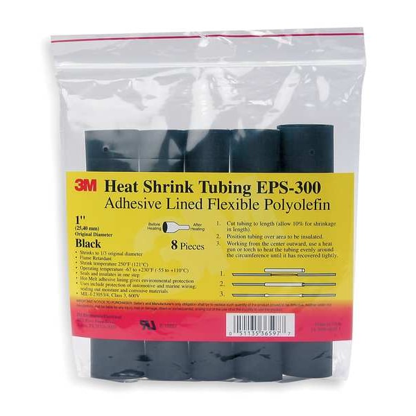 3M Shrink Tubing, 0.5in ID, Black, 6in, PK10 - EPS300-1/2-6"-BLACK-10-10 PC PKS