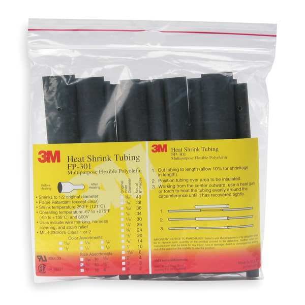 3M Shrink Tubing, 0.375in ID, Black, 6in, PK10 - FP301-3/8-6"-BLACK-10-10 PC PKS