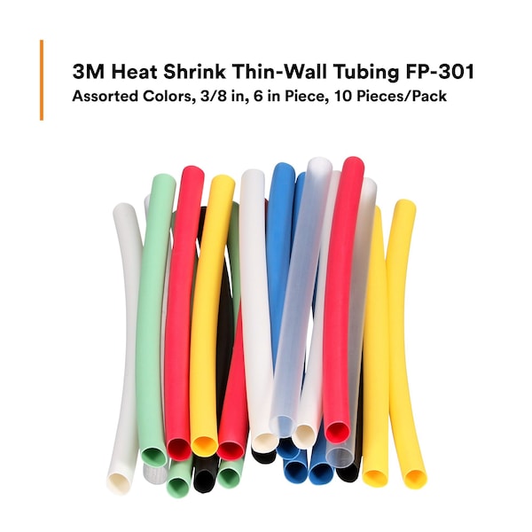 3M Shrink Tubing, 0.375in ID, Colors, 6in, PK14 - FP301-3/8-6"-ASSORTED-10-14 PC PKS