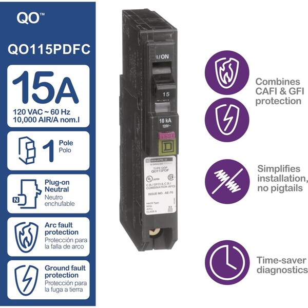 Square D Miniature Circuit Breaker, QO Series, 15A, 1 Pole, 120V AC, 10kA at 120V AC - QO115PDFC