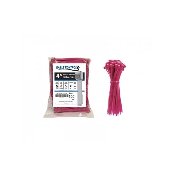 Kable Kontrol Zip Ties - 4in Long - 100 Pc Pk - Fluorescent Pink - Nylon - 18 Lbs Tensile Strength - CT504FL-PK-100