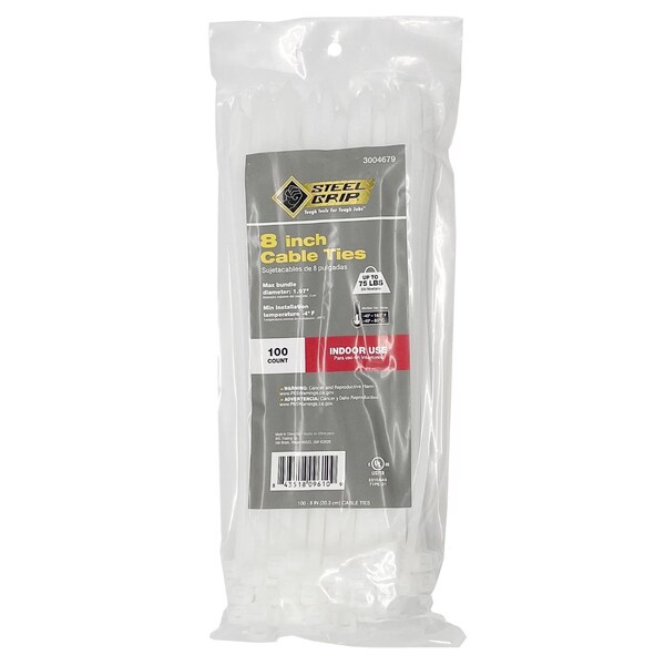 Steel Grip CABLETIE 8""75# WHT 100PK - 75S-200-8-NC