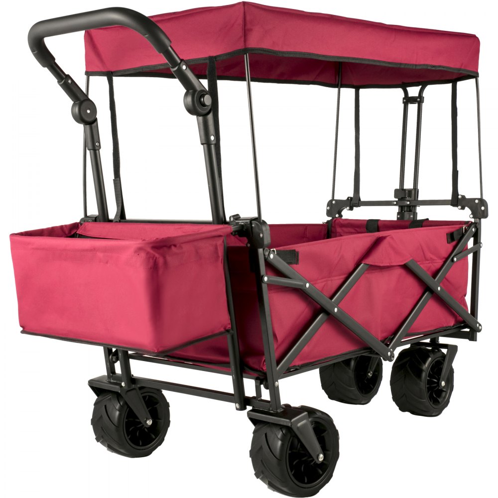 VEVOR Extra Large Collapsible Garden Cart with Removable Canopy, Folding Wagon Utility Carts with Wheels and Rear Storage, Wagon Cart for Garden, Camping, Grocery Cart, Shopping Cart, Red - DZDPTC-RDHSKU0001V0