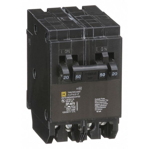 Square D Miniature Circuit Breaker, HOMT Series, 20A, 2x1, 1x2 Pole, 120/240V AC, 10kA - HOMT2020250