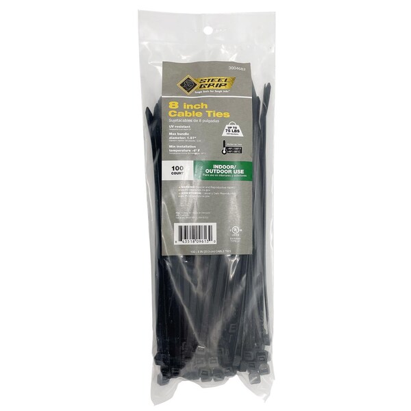 Steel Grip CABLETIE 8""75# BLK 100PK - 75S-200-8-UVC