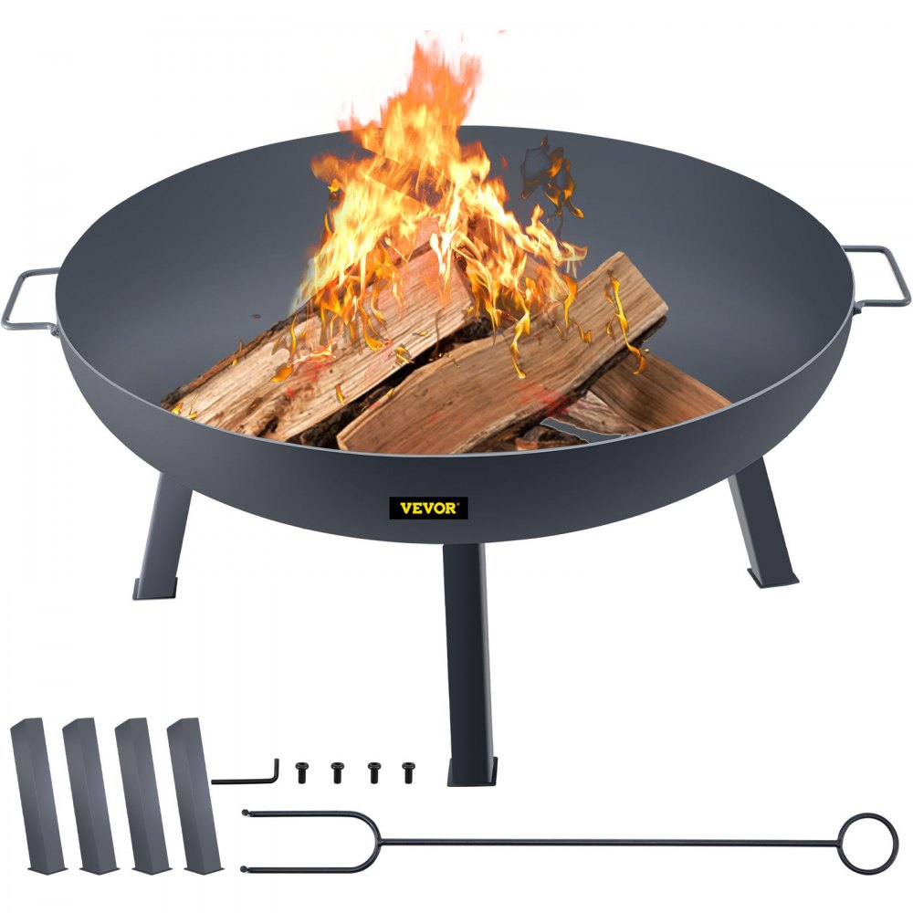 VEVOR Fire Pit Bowl, 34-Inch Diameter Round Carbon Steel Fire Bowl, Wood Burning for Outdoor Patios, Backyards & Camping Uses, with A Drain Hole, Portable Handles and A Firewood Stick, Black - WXHPYCHSYTS341LU2V0