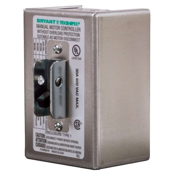 Interruptor de palanca Bryant, desconectores de motor, tres polos, 30A 600V CA, solo cableado lateral, aluminio, con carcasa NEMA 1 - 30103D