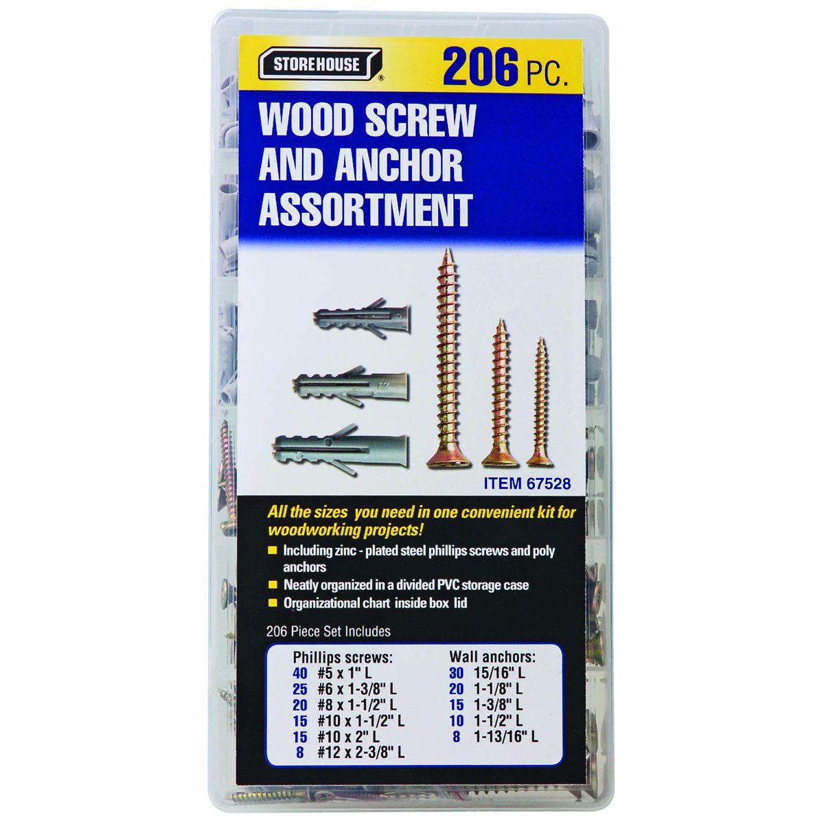 Almacén de Anclas y Tornillos para Madera, 206 Piezas - 67528