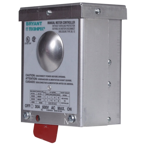Interruptor de palanca Bryant, desconexiones de motor, tres polos, 30A 600V AC, solo con cableado lateral, con caja NEMA3R - 30303D