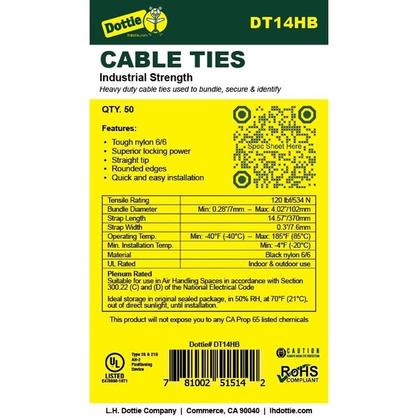 L.H. Dottie L.H. Dottie 14.5'' UV Black Heavy Duty Cable Tie, 50PK - DT14HB