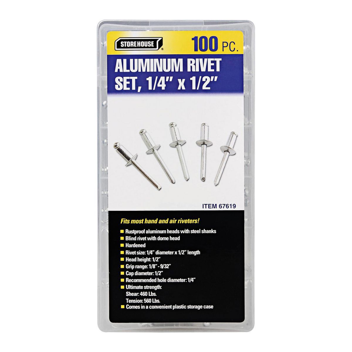 Set de remaches ciegos de aluminio de 1/4 de pulgada, 100 piezas - 67619