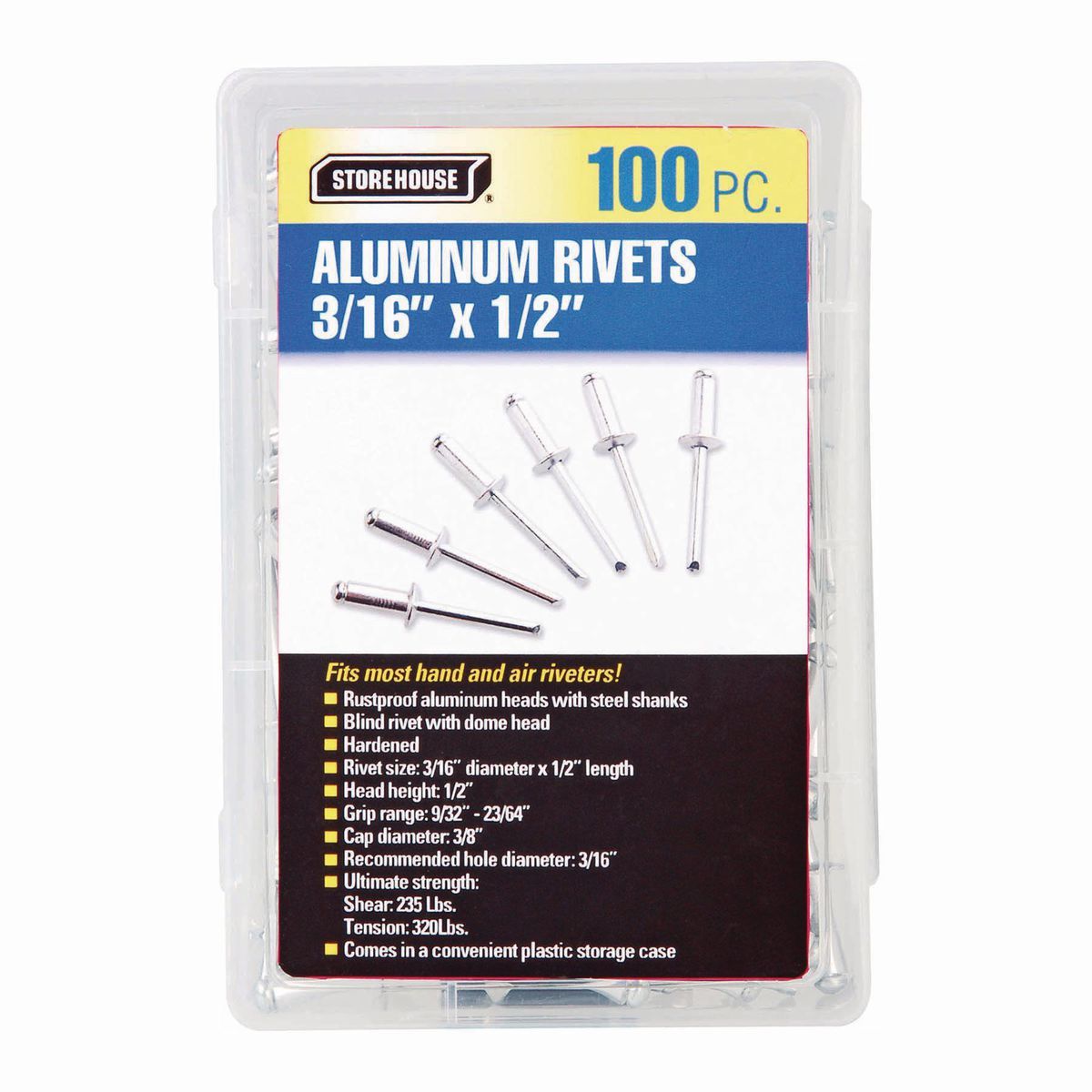 Set de remaches ciegos de aluminio de 3/16 pulgadas, 100 piezas - 63390