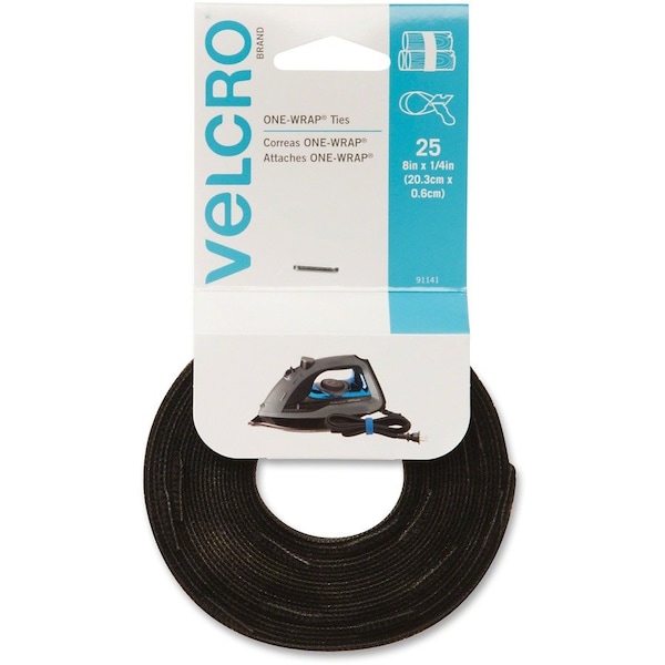 Velcro Brand Self-Gripping Cable Ties, Reusable, 1/2"x8", 25/PK, BK 25PK - VEK91141