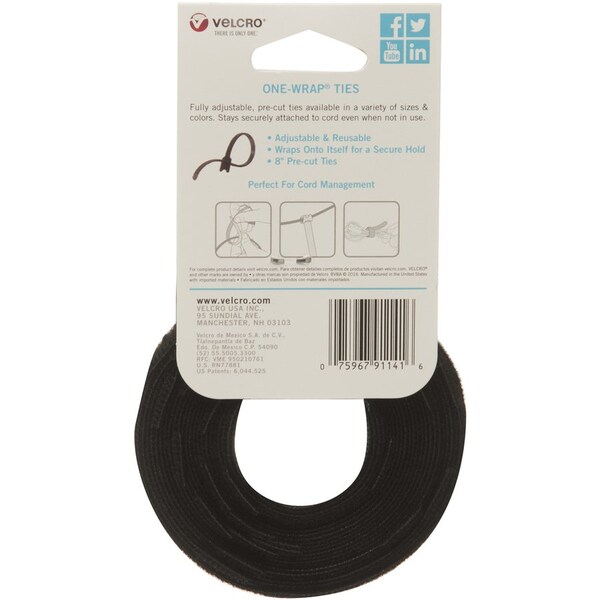 Velcro Brand Self-Gripping Cable Ties, Reusable, 1/2"x8", 25/PK, BK 25PK - VEK91141