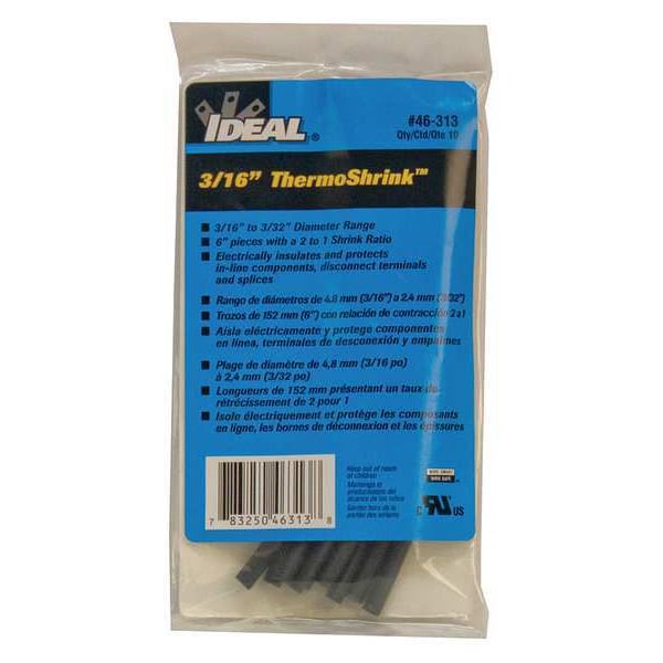 Ideal Shrink Tubing, 0.205in ID, Black, 6in, PK10 - 46-313