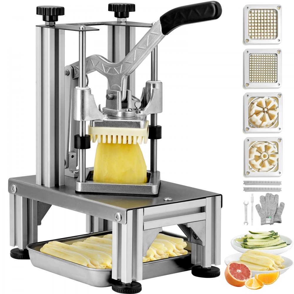 VEVOR Commercial French Fry Cutter with 4 Replacement Blades, 1/4″ & 3/8″ Blade Easy Dicer Chopper, 6-wedge Slicer & 6-wedge Apple Corer, Lemon Potato Cutter for French Fries with Tray and Handle - GGSSDQTJJBBQX8OS7V0