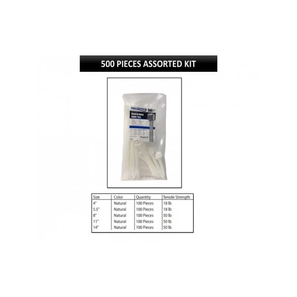 Kable Kontrol Assorted Size Cable Ties Kit - 4in, 5.5in, 8in, 11in, 14in Length - 500 Pcs - Natural - CT-KIT-MS-NT