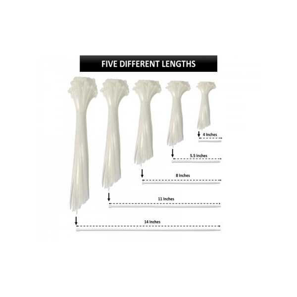 Kable Kontrol Assorted Size Cable Ties Kit - 4in, 5.5in, 8in, 11in, 14in Length - 500 Pcs - Natural - CT-KIT-MS-NT