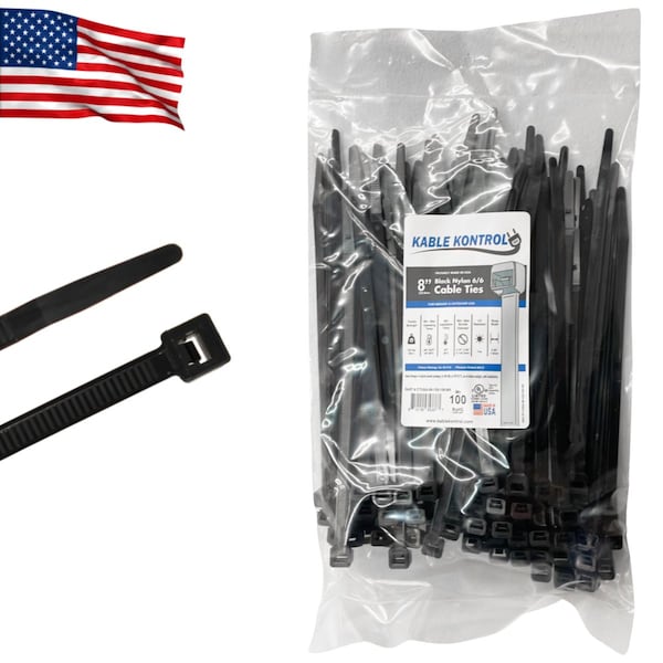 Kable Kontrol Cable Zip Ties, 8'' Inch Long, 120 Lbs Tensile Strength, 100 Pcs Pack, UV Resistant Black - CTUSA-08-120-100-BK