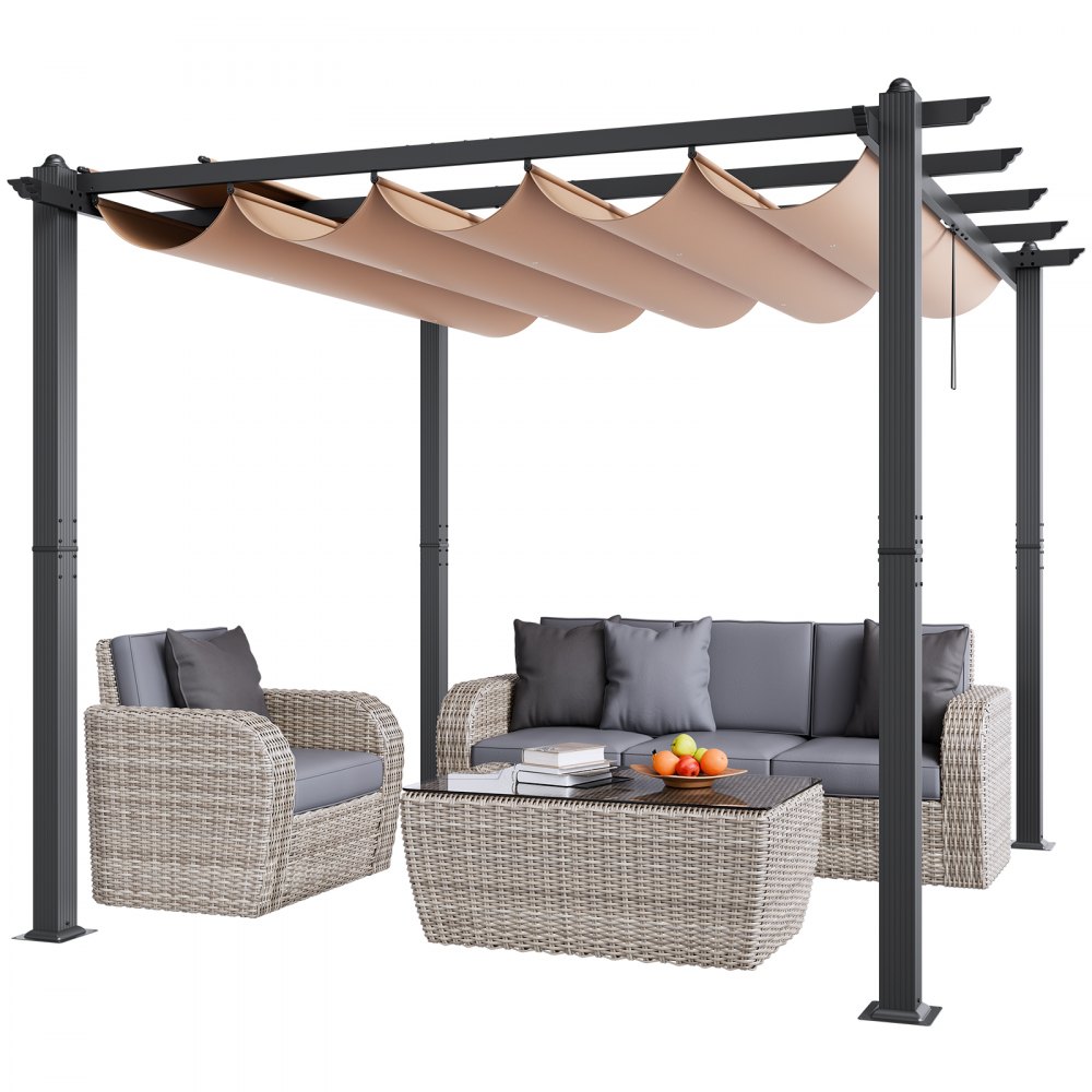VEVOR 10'x10' Outdoor Retractable Pergola with Sun Shade Canopy Aluminum Beige - PDSSLP1010FTALZ5OV0
