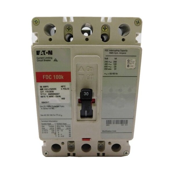 Eaton Molded Case Breakers MCCBs FDC 3P 30A 600V 50/60Hz 3Ph F Frame - FDC3030