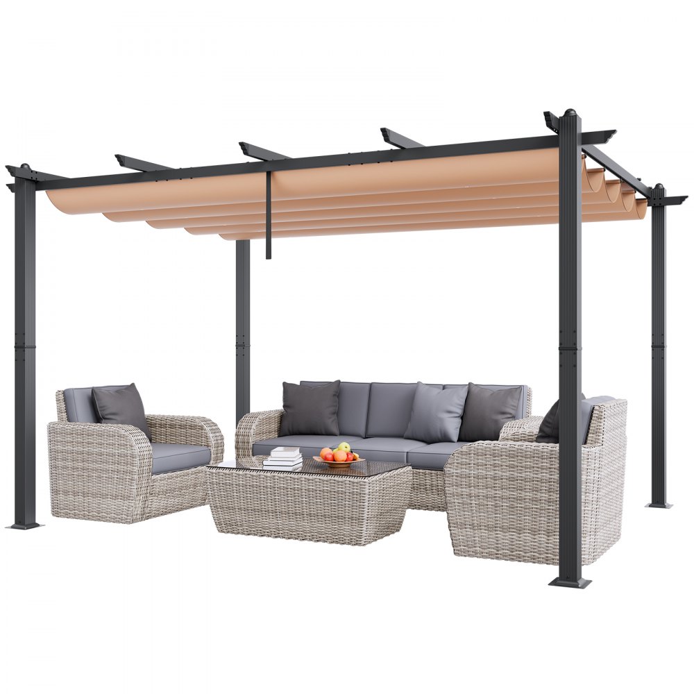 VEVOR 10'x13' Outdoor Retractable Pergola with Sun Shade Canopy Aluminum Beige - PDSSLPKSSRD1VTT3VV0