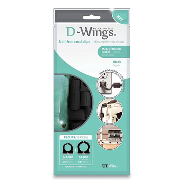 Workstationpro UT Wire D-wings Nail-free Cord Clips - Black, 18PK - WO3734866