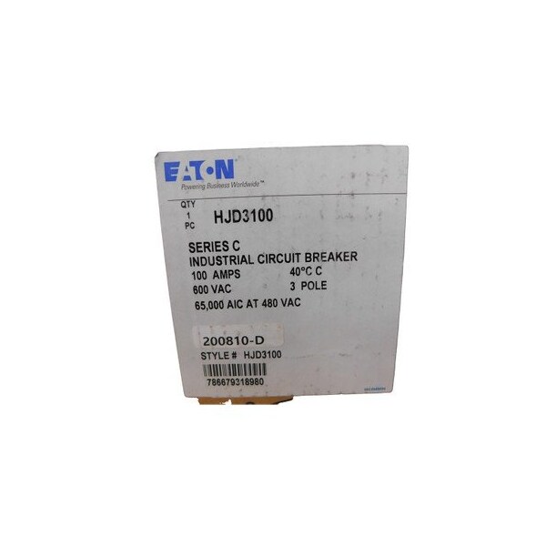 Eaton Molded Case Breakers MCCBs HJD 3P 100A 600V 50/60Hz 3Ph J Frame - HJD3100