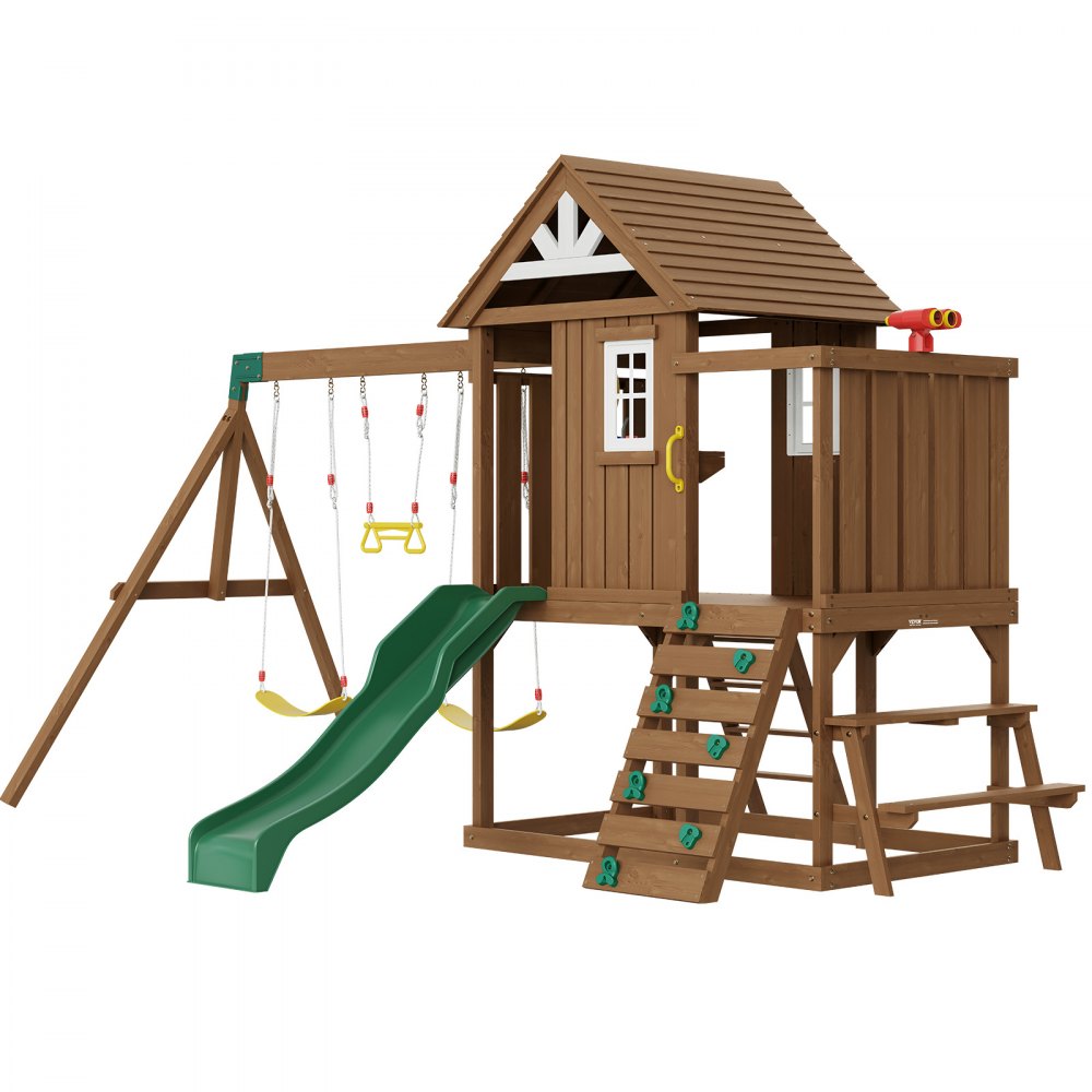 VEVOR Wooden Swing Set 9 IN 1 Outdoor Playground Sets 6 FT Slide Upper Fort - ETQQHTTZMC9I51OUBV0