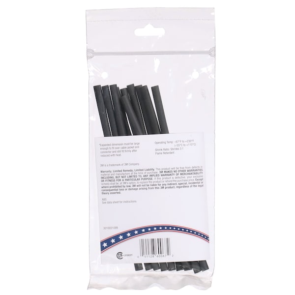 3M Shrink Tubing, 0.187in ID, Black, 6in, PK10 - EPS300-3/16-6"-BLACK-10-10 PC PKS