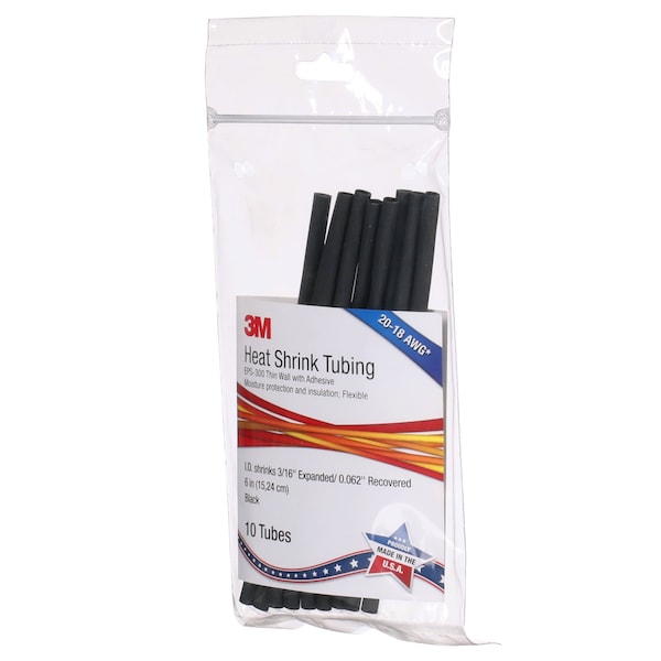 3M Shrink Tubing, 0.187in ID, Black, 6in, PK10 - EPS300-3/16-6"-BLACK-10-10 PC PKS