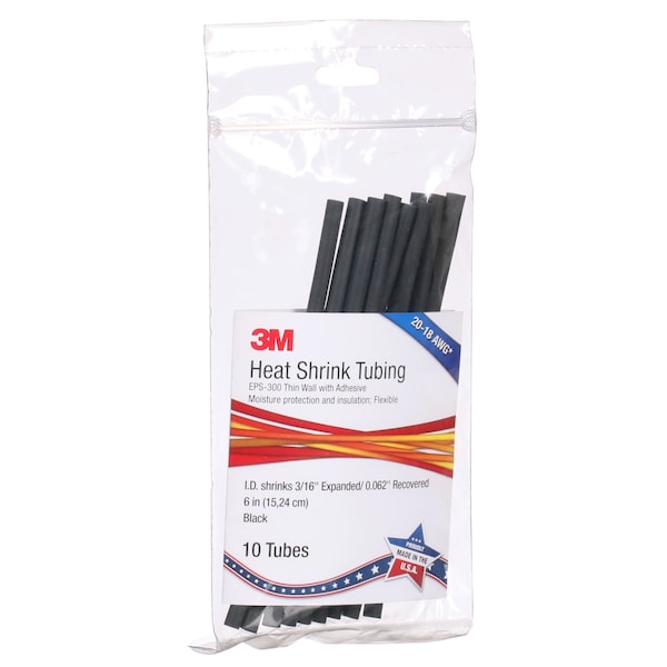 3M Shrink Tubing, 0.187in ID, Black, 6in, PK10 - EPS300-3/16-6"-BLACK-10-10 PC PKS