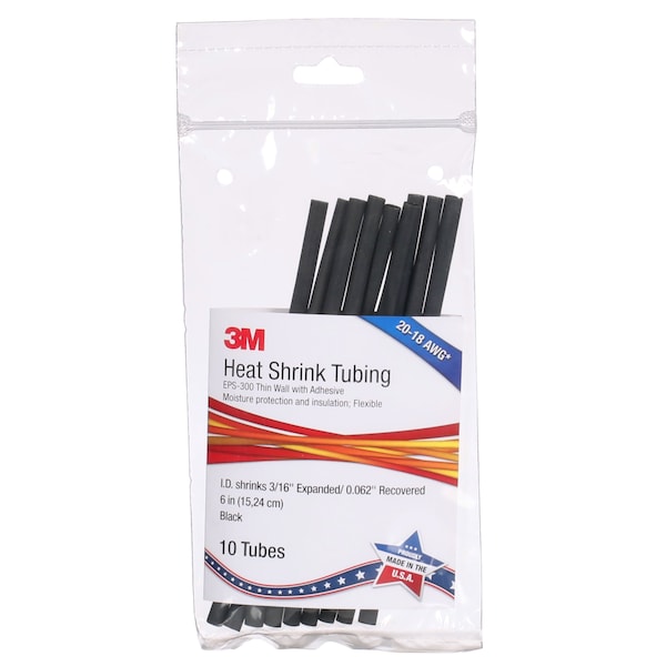 3M Shrink Tubing, 0.187in ID, Black, 6in, PK10 - EPS300-3/16-6"-BLACK-10-10 PC PKS
