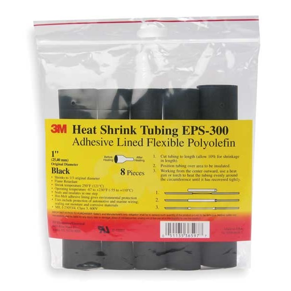 3M Shrink Tubing, 0.187in ID, Black, 6in, PK10 - EPS300-3/16-6"-BLACK-10-10 PC PKS