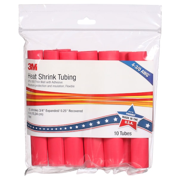 3M Shrink Tubing, 0.75in ID, Red, 6in, PK10 - EPS300-3/4-6"-RED-10-10 PC PKS