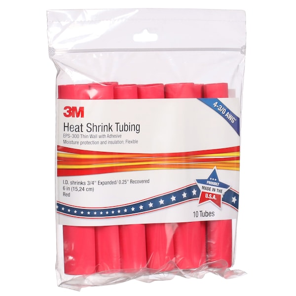 3M Shrink Tubing, 0.75in ID, Red, 6in, PK10 - EPS300-3/4-6"-RED-10-10 PC PKS
