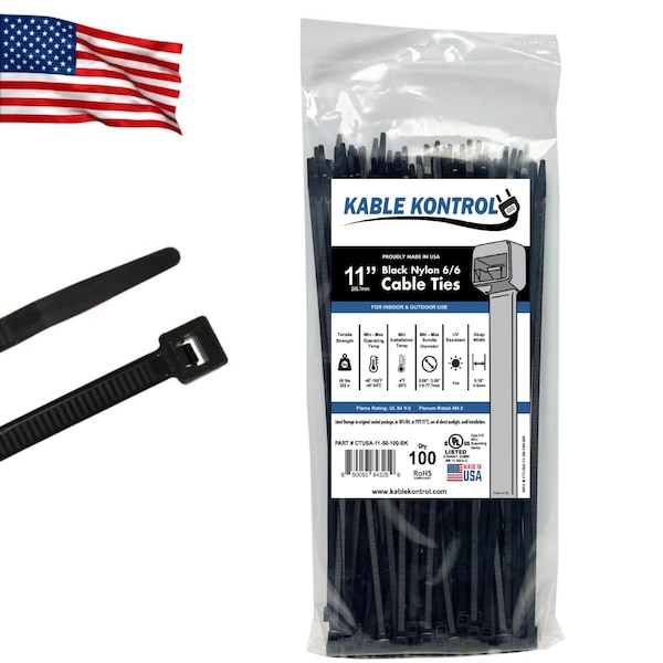Kable Kontrol Cable Zip Ties, 11 in. Inch Long, 50 Lbs Tensile Strength, UV Resistant Black Nylon, 100PK - CTUSA-11-50-100-BK