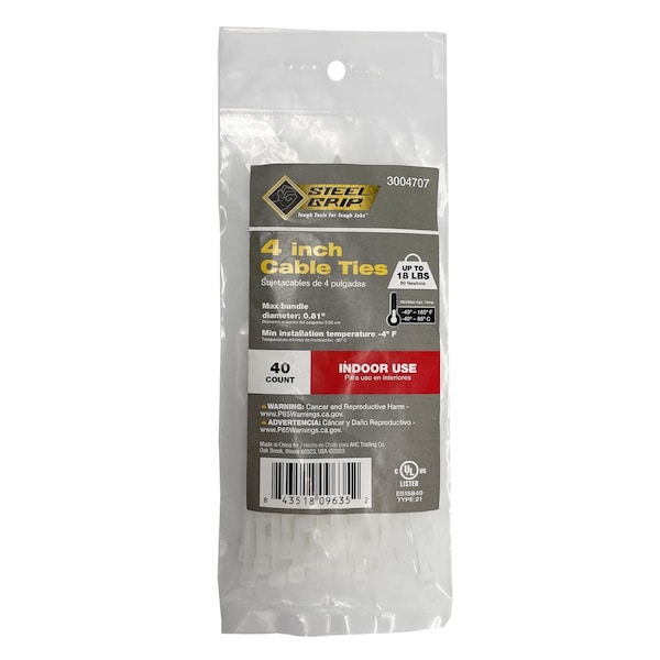 Steel Grip CABLE TIES 4"" 18# WHT - M-100-4-N40