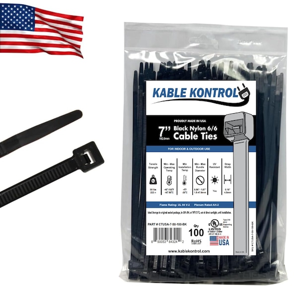 Kable Kontrol Cable Zip Ties, 7 in. Inch Long, 50 Lbs Tensile Strength, UV Resistant Black Nylon, 100PK - CTUSA-07-50-100-BK