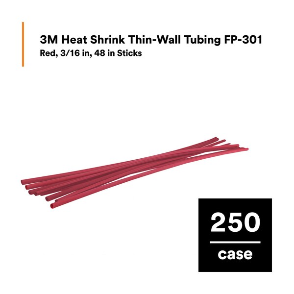 3M Shrink Tubing, 0.187in ID, Red, 4ft, PK250 - FP-301-3/16-Red-4'-Bulk