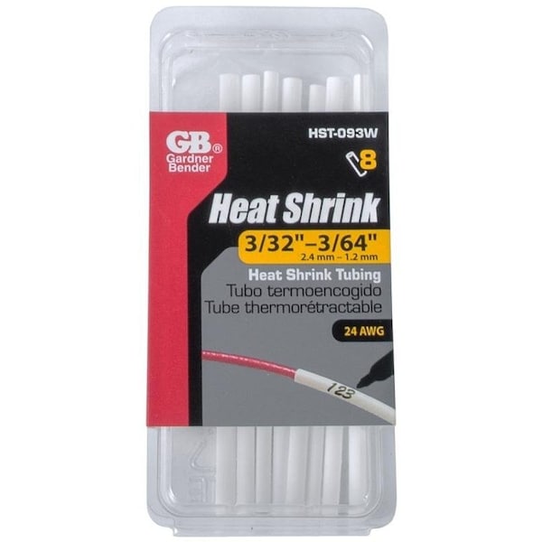Gardner Bender Heat Shrink Tubing, 332 in Expanded, 364 in Recovered Dia, 4 in L, Polyolefin, White - HST-093W