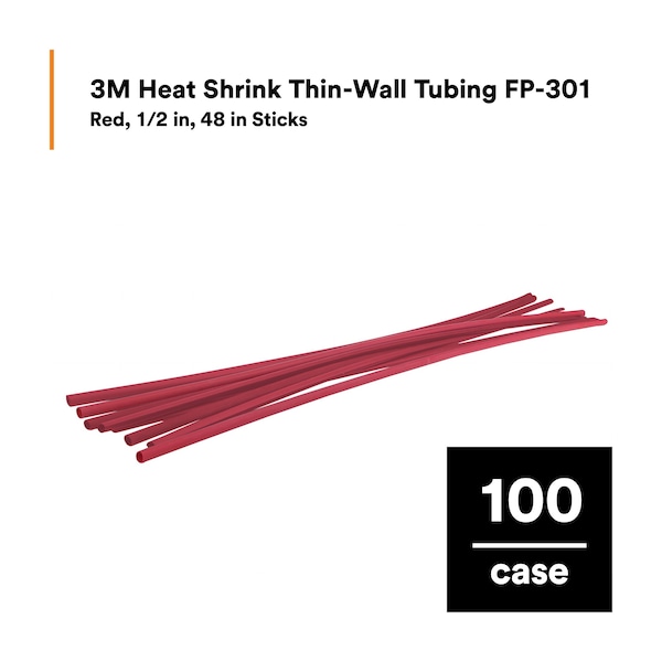 3M Shrink Tubing, 0.5in ID, Red, 4ft, PK100 - FP301-1/2-48"-RED-100 PCS
