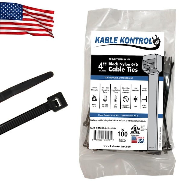 Kable Kontrol Cable Zip Ties, 4 in. Inch Long, 18 Lbs Tensile Strength, UV Resistant Black Nylon, 100PK - CTUSA-04-18-100-BK