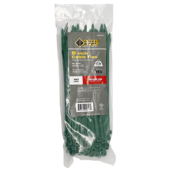 Steel Grip CABLETIE 8""75# GRN 100PK - 75S-200-8-GNC